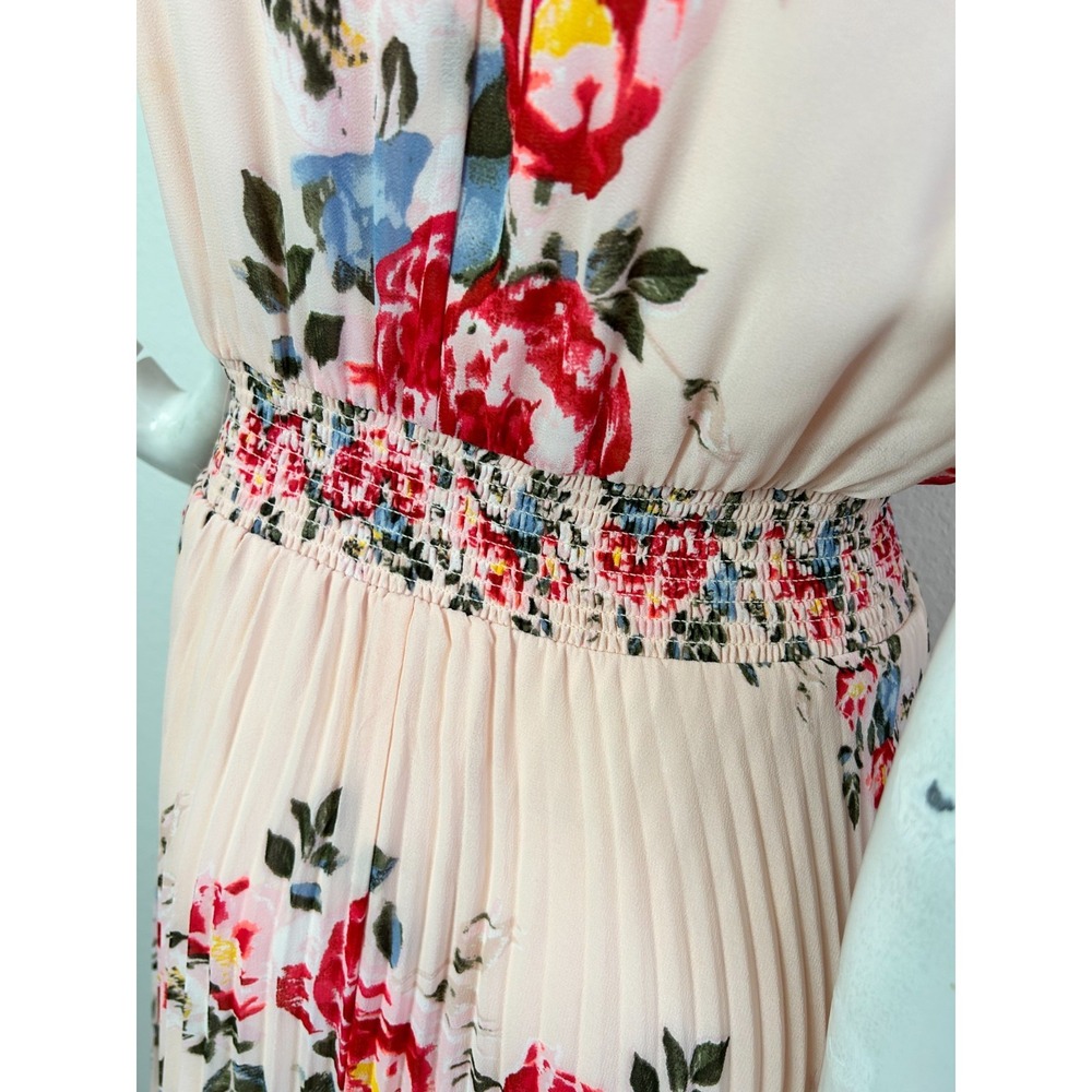 WHBM Maxi Plisse Dress Size 4 Pink Floral Chiffon V-Neck Sleeveless Zip EUC - Picture 11 of 15